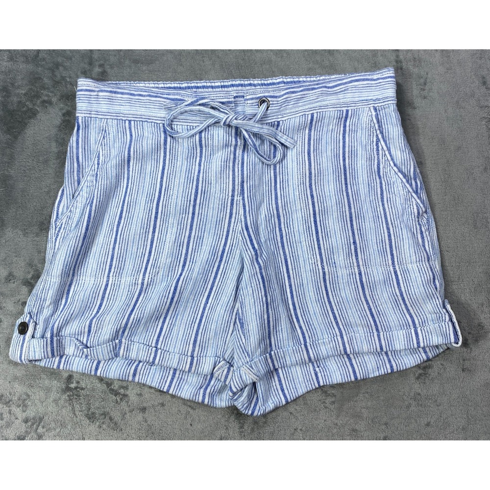 Per Se Linen Blend Striped Pull On Shorts Womens Small Blue Coastal Beach Boho